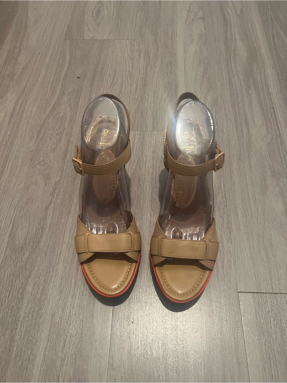 Cole Haan Tan Leather Wedge Sandals Snake-Print Heel Red Platform Size 10B - Picture 2 of 13